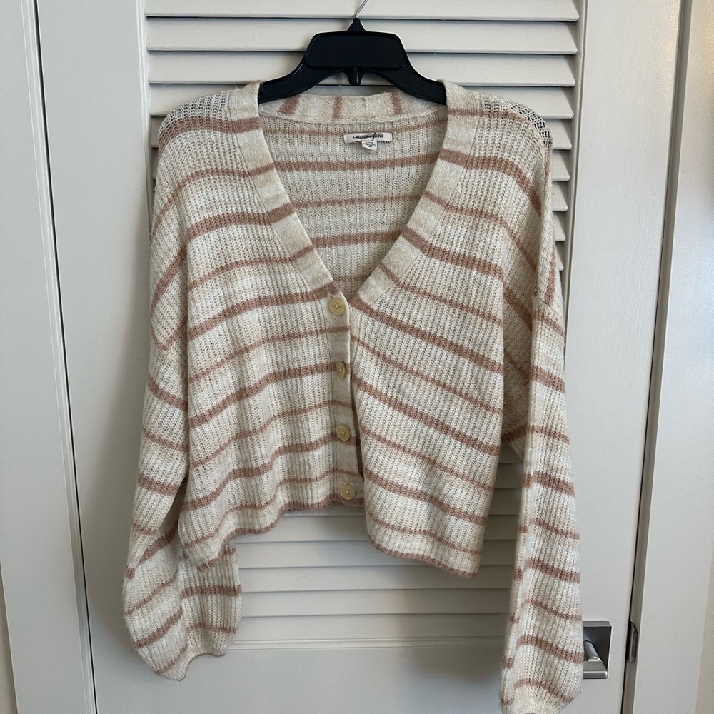 American Eagle Outfitters Cream and Tan Striped Cardigan